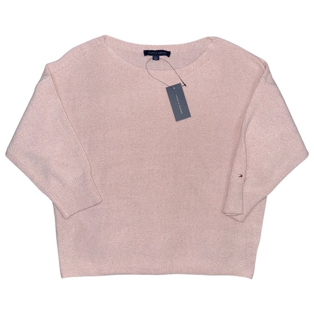NWT Tommy Hilfiger Metallic Knit Sweater Light Pink 3/4 Sleeve Pullover Sz Large